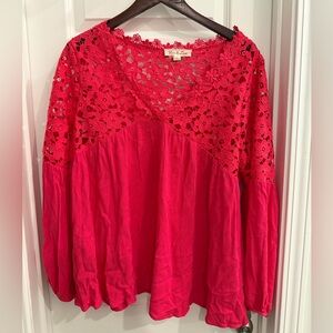 Vine & Love Pink Lace Blouse See Through Crochet Embroidered Floral Detail Large